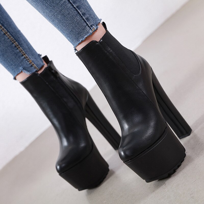 LEOPARD LAND Women's High Heels Winter 16cm Thick Heel Waterproof Platform Boots High Heel Ankle Boots JXQ-8809-6
