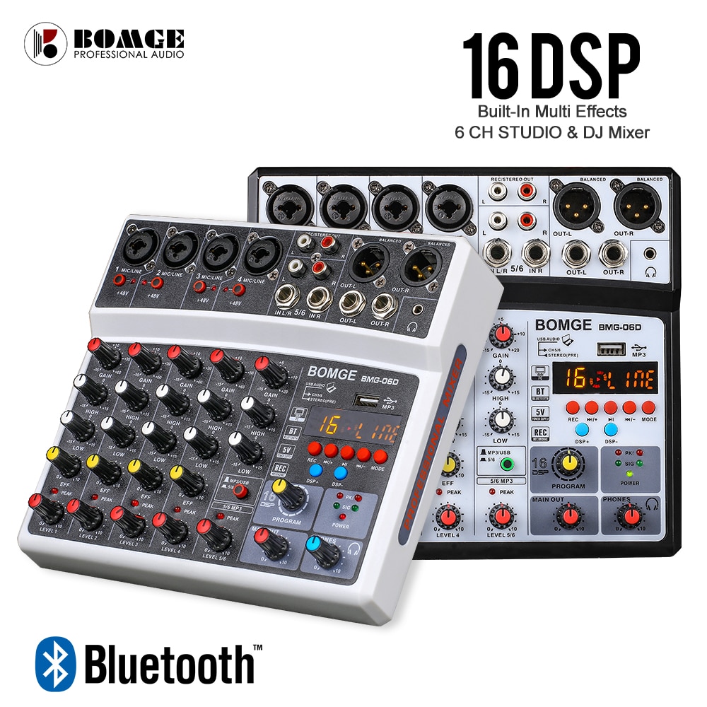 Wireless 6 Channel Audio Mixer Portable Mixing Console USB Interface Sound Card With 16 DSP Echo 48V Phantom Power