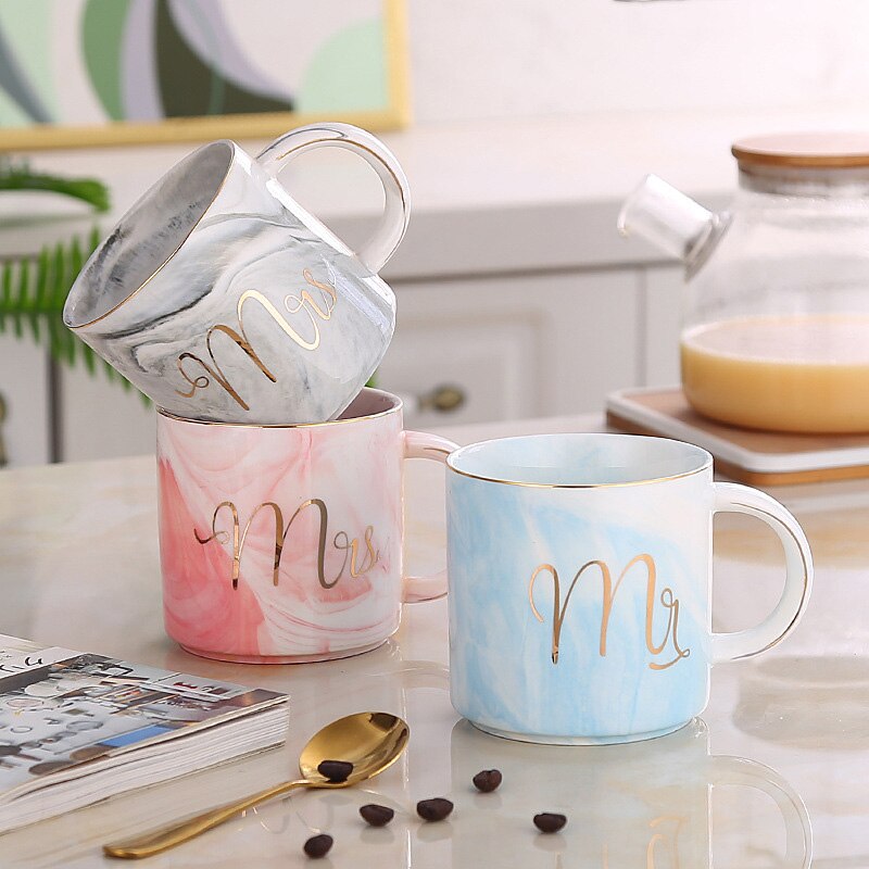 Luxe 380 Ml Marmer Keramische Mok Mok Melk Thee Cups Mr En Mrs Mokken Roze Goud Inlay ontbijt Home Decor