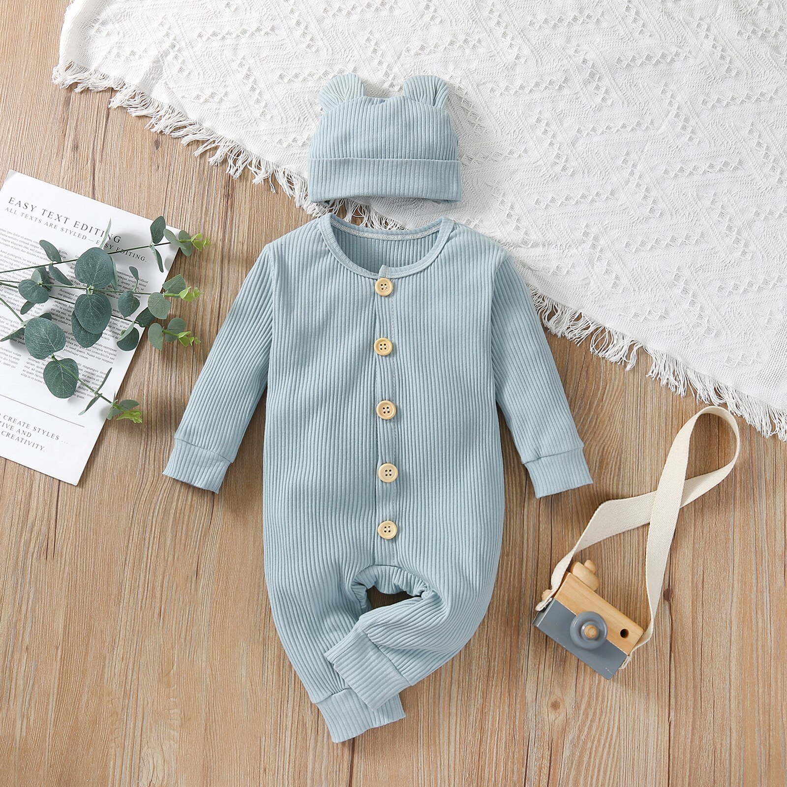 Infantil bebê meninas meninos macacão com chapéu, crianças cor sólida o-pescoço manga longa macacão + boné para outono de primavera, 0-24 meses