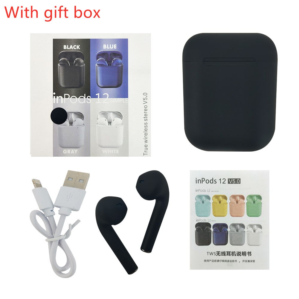 i12 Tws Wireless Headphones Bluetooth 5.0 Earphone Matte Macaron Earbuds Handsfree With Mic Charging Box Headset for all phones: 3049-B-1