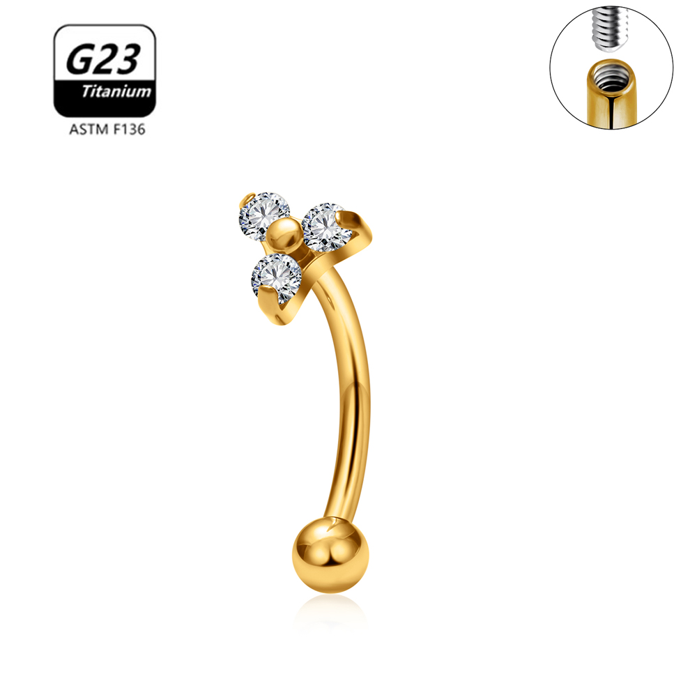 G23 titanio ASTM-F136 Piercings ceja hilo interno Piercings de cejas joyería del cuerpo para mujeres pendiente de circón: YELLOW / Pistola negra plateada