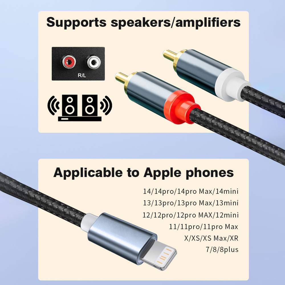 Câble Lightning vers RCA, adaptateur Audio Aux pour iPhone 14 13 12 11 iPad pour amplificateur de puissance, cordon de haut-parleur de cinéma maison de voiture