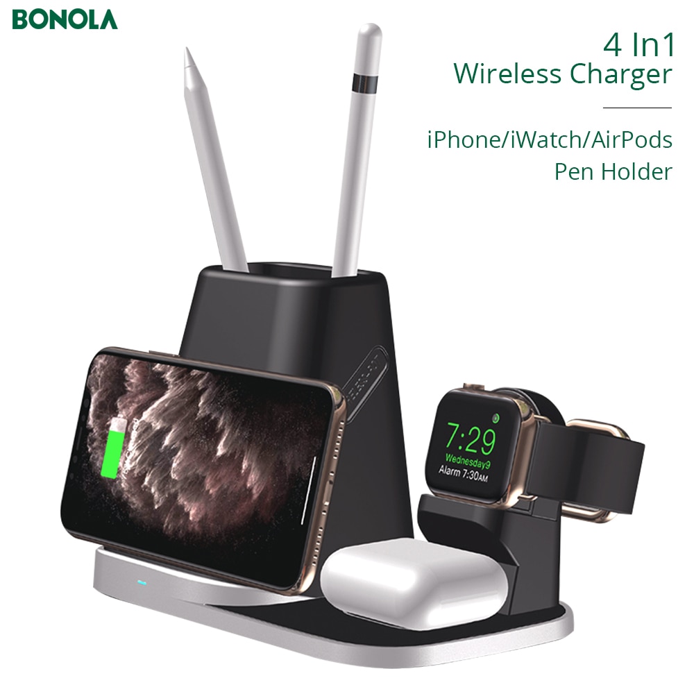 Bonola 4 In1 chargeur sans fil pour iPhone11/Xr/iWatch/AirPods/porte-stylo Qi 10W charge sans fil rapide pour Samsung S20/bourgeons/montre