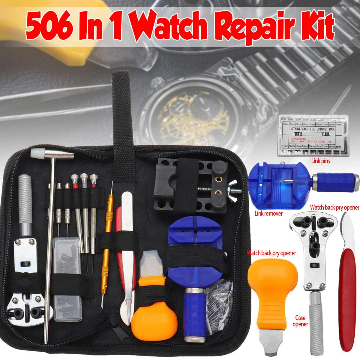 506Pcs Watch Repair Tool Kit Watchmaker Watch Link Pin Remover Case Opener Repair Tool Set Spring Bar Remover