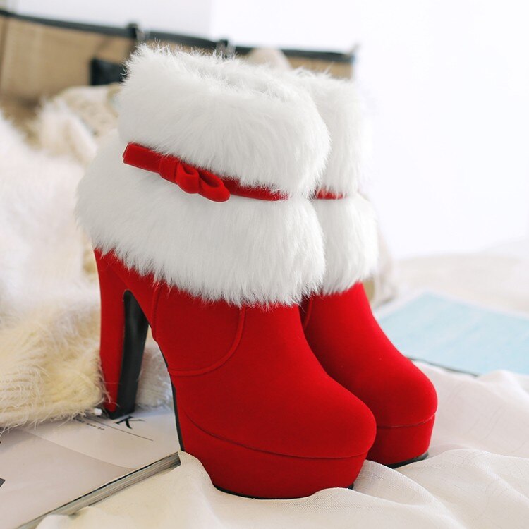 Vrouwen Enkellaarsjes Kerst Hoge Hakken Platform Schoenen Femme Winter Warm Bont Korte Laarzen Rood Zwart Dames Partij Schoenen Plus size