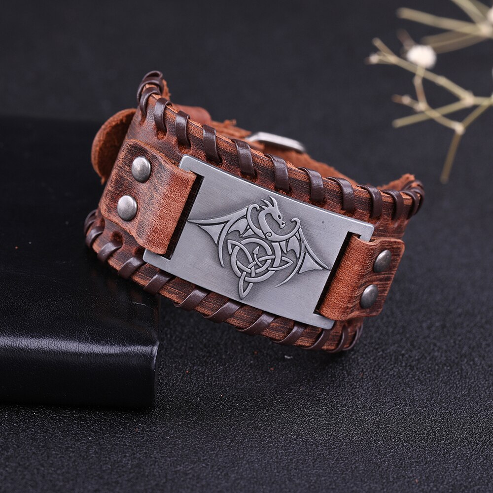 LIKGREAT Vintage Wicca Symbol Triqueta Pterosauria Dragon Charm Bracelets for Men Black Brown Leather Wrap Bracelet Cool Jewelry