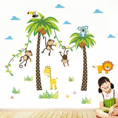 DIY Aap Leeuw Dieren Coconut Tree Muursticker PVC Decal Kid Room Decor Art Mural kinderen Slaapkamer Decor