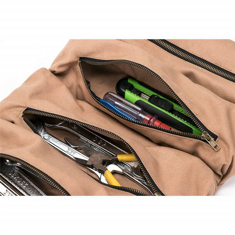 Multi-Purpose Tool Roll Up Canvas Storage Bag Wrench Roll Pouch Hanging Tool Zipper Carrier Tote Organizer