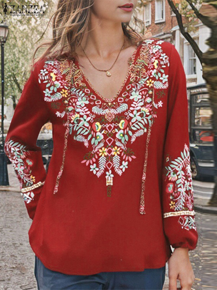 Zanzea lente blouse met bloemenprint, bohemian shirts, casual damesblouses met lange mouwen, v-hals tops met vetersluiting, tuniek