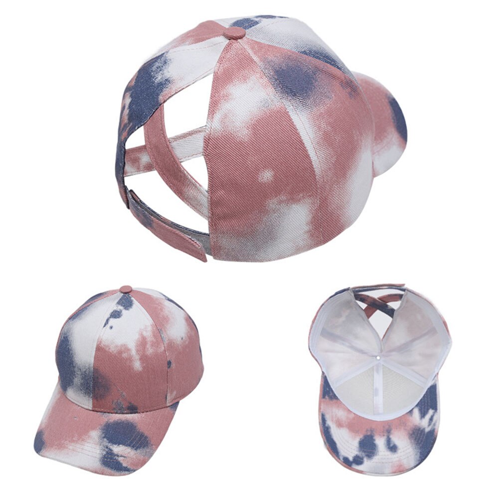 Women Summer Portable Cotton Blend Baseball Cap Outdoor Sports Casual Travel Tie Dye Adjustable Criss Cross Ponytail