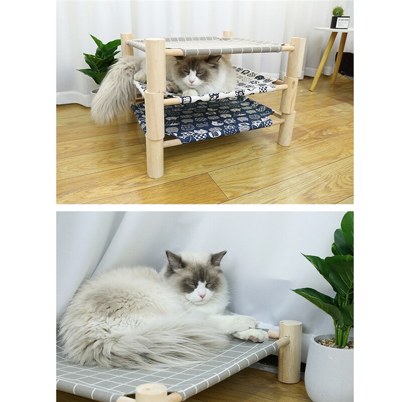 Cama elevada para gatos, cama de hamacas de lona de madera para perros pequeños, conejos y gatos, suministros duraderos para mascotas