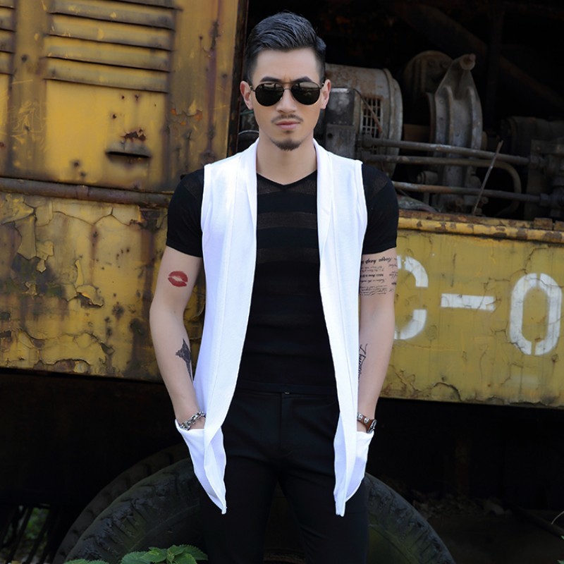 estilo japonés para hombre Casual verano sin mangas chalecos de longitud media ningún botón abierto Stitch ropa de calle chaleco masculino de talla grande: White / XL