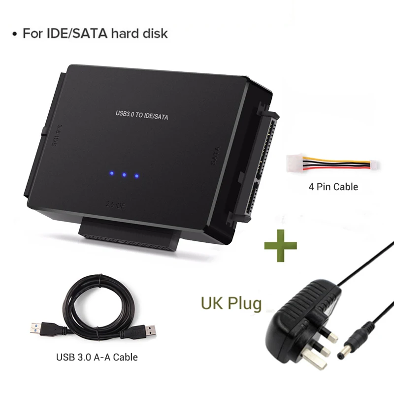 USB 3.0 zu SATA IDE Adapter Festplattenadapter Konverter für 2,5"/3,5" SATA/IDE/SSD Festplatten mit 12V 2A Netzteil: Gold