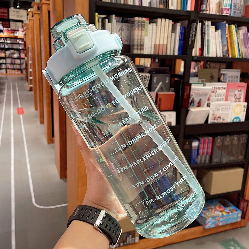 2L Large Capacity Water Bottle Straw Cup High Temperature Resistant Plastic Water Time Scale Frosted Outdoor Sports Couple Cup: green