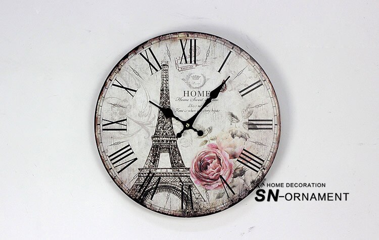 Paris Eiffel Tower Digital Wall Clock England Circular Wood Clocks coffee shop restaurant Bar Decor