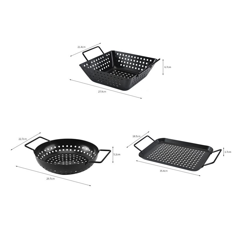 Non-stick Grill Pan Ronde Vierkante Dubbele Handvat Gaten Voedsel Groente Barbecue Keuken Camping Picknick Afvoer Mand Plaat Lade