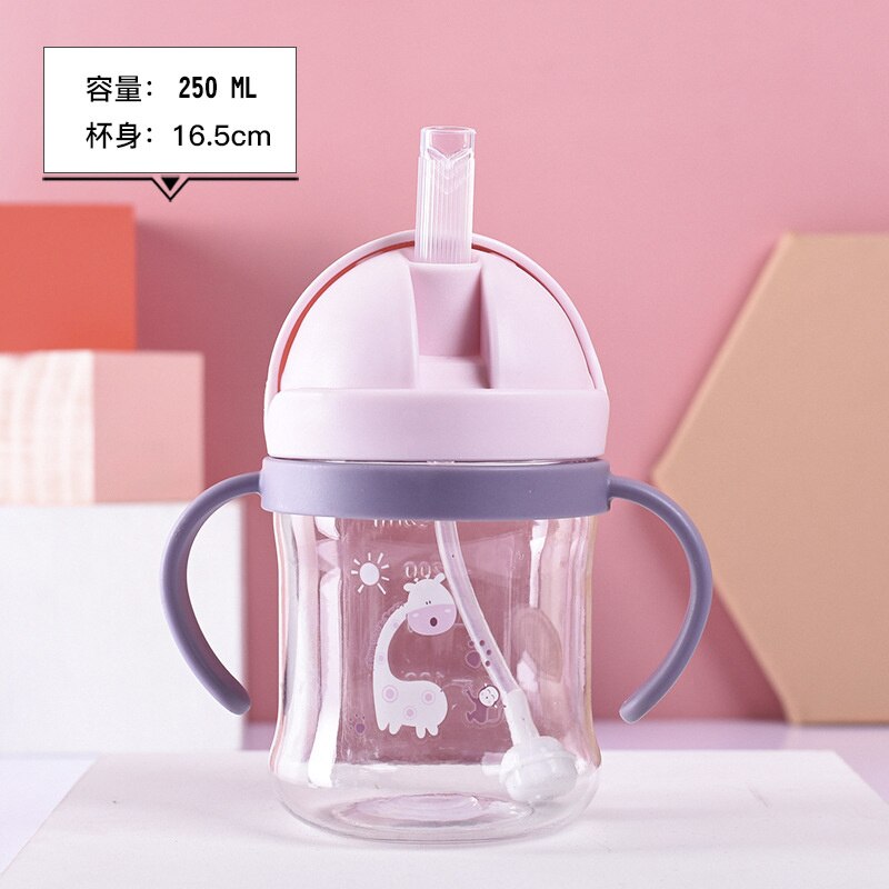 250ml nappflaskor drickskopp nappflaska med sugrör gravitationsboll bred kaliber barn dricksmjölk vatten flaska för dubbla användningsområden: A 250ml rosa