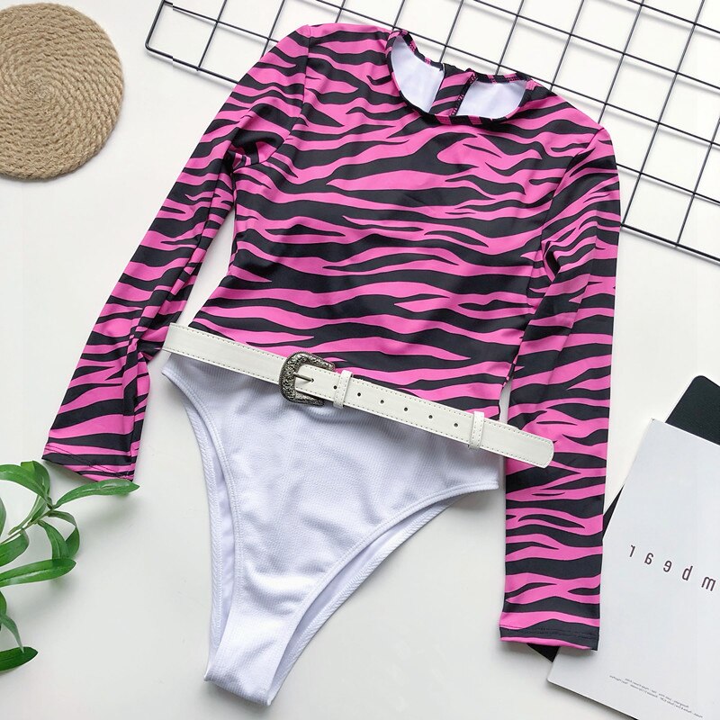Vestito di un Pezzo A Vita Alta Costume Da Bagno Costume Da Bagno Costumi Da Bagno 2020 A Maniche Lunghe Vestito di Nuoto per Le Donne Rashguard Della Chiusura Lampo Surf: RoseZebra / M