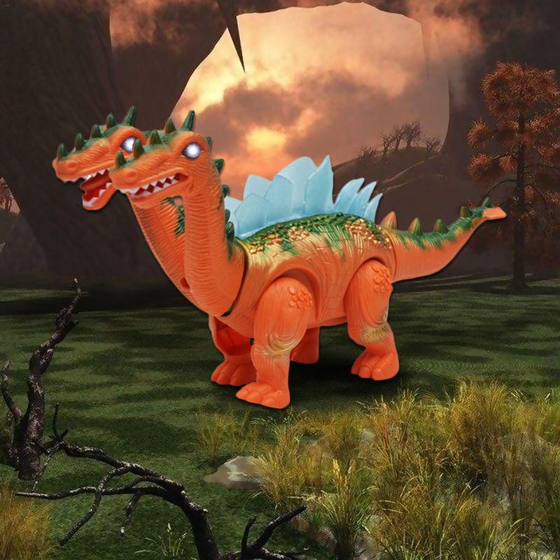 Stegosaurus dinosaurio speelgoed met twee hoofden kan lopen verlicht projectie klinkende knipperende elektronische dinosaurio kleur willekeurig