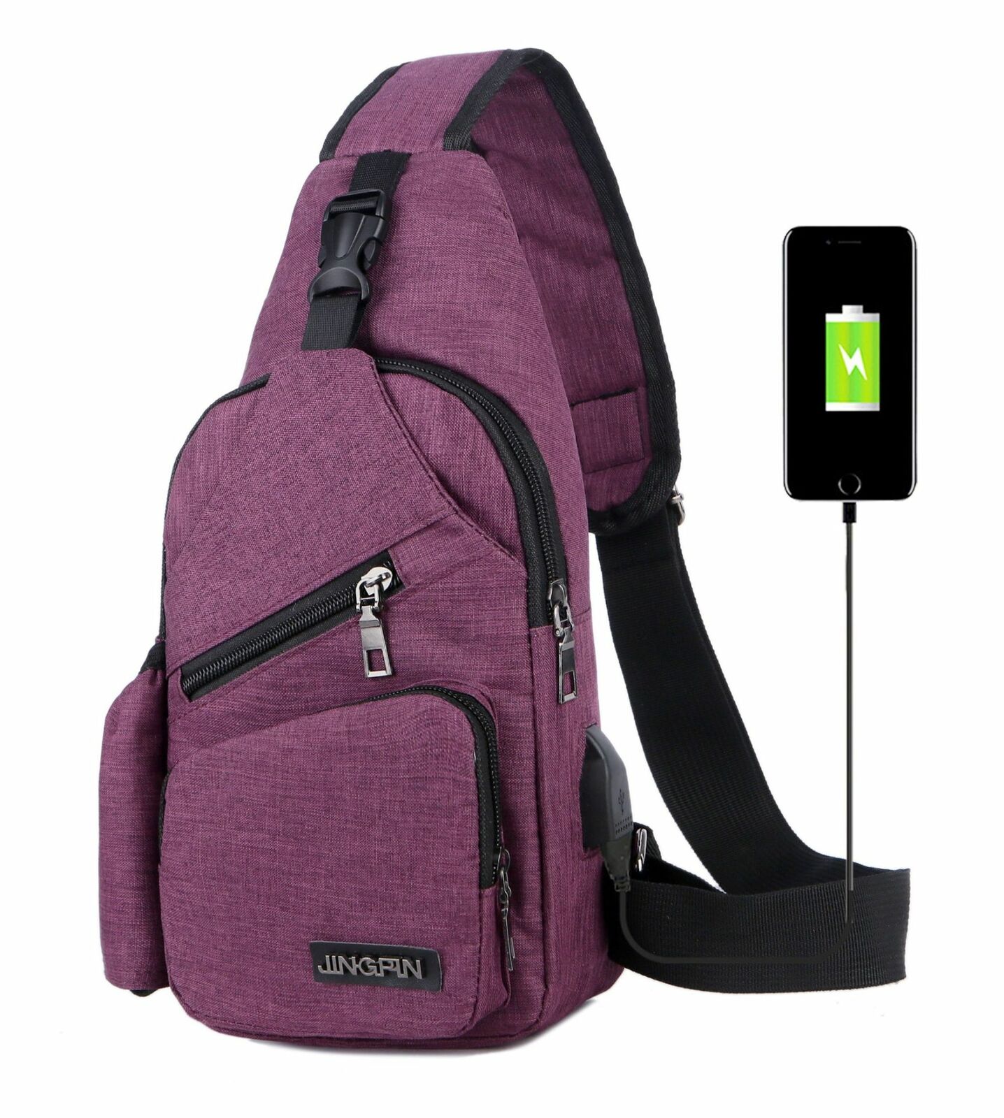 Newest Men Canvas Sling Bag Chest Crossbody Messenger Shoulder Travel Sports USB Charging Waist Packs: Purple