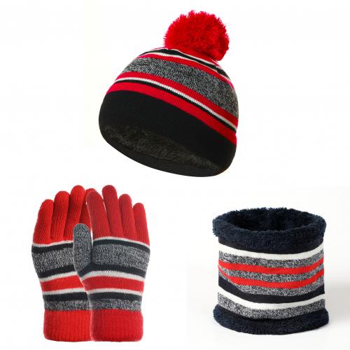 Gorros de invierno para niños, Kit de guantes de algodón, hilo de lana tejido, Gorro con pompón, cálido, bufandas, guante, conjunto de tres piezas: Rojo