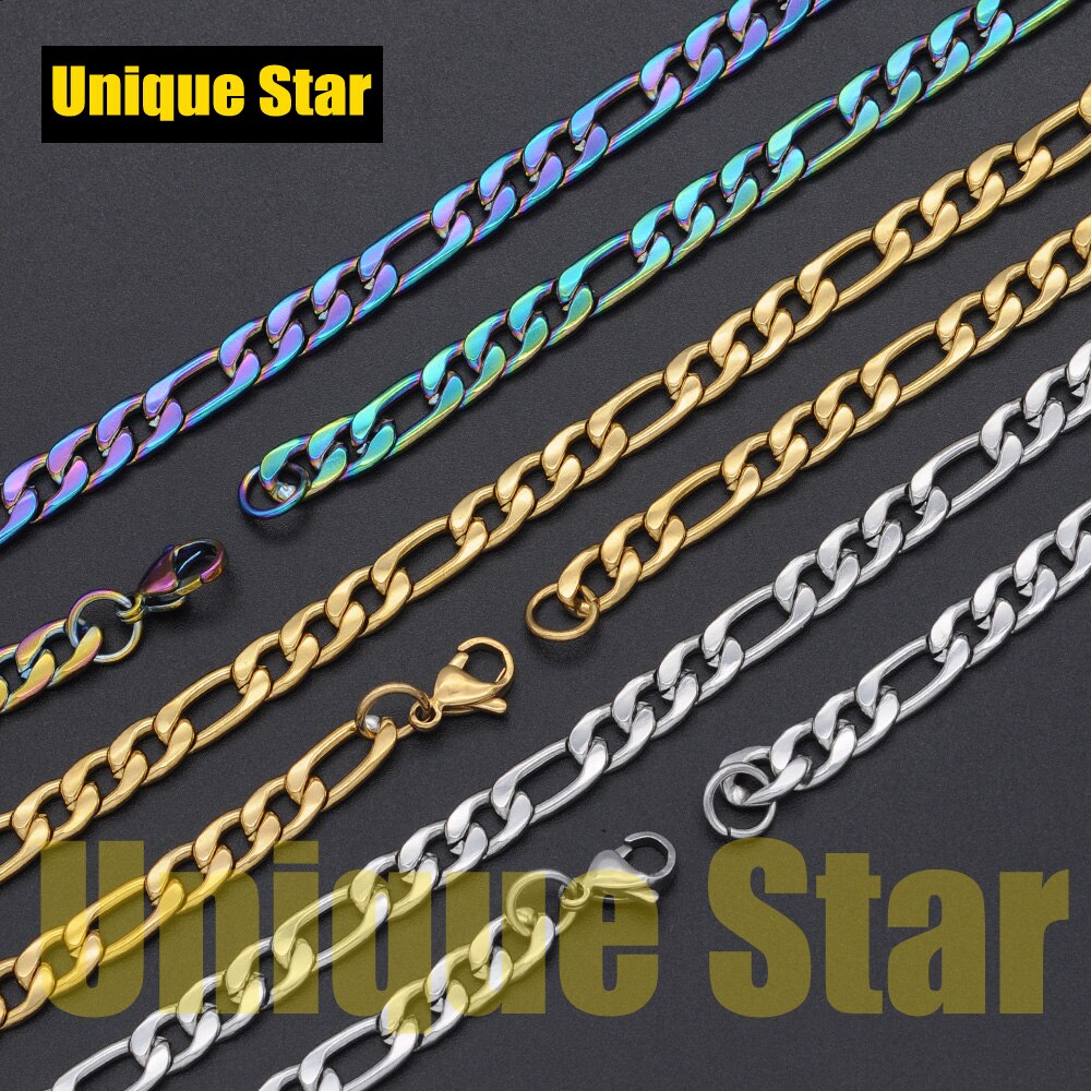 3pcs/lot 7mm 100% Stainless Steel Figaro Hip Hop Chain Necklace for Men Gold Rainbow Jewelry Chains