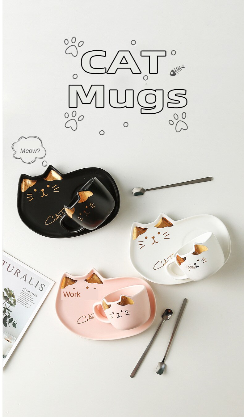 Cartoon Ceramics Cat Mug Set with Saucers Spoon 200Ml Coffee Milk Mugs Cute Breakfast Drinkware Birthday Porcelain
