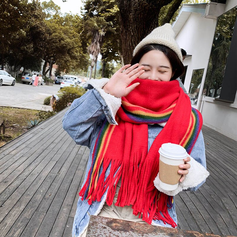 Novo designer arco-íris cachecol de caxemira feminino inverno quente xales pashmina macio listrado senhoras borla longo envoltório: Red