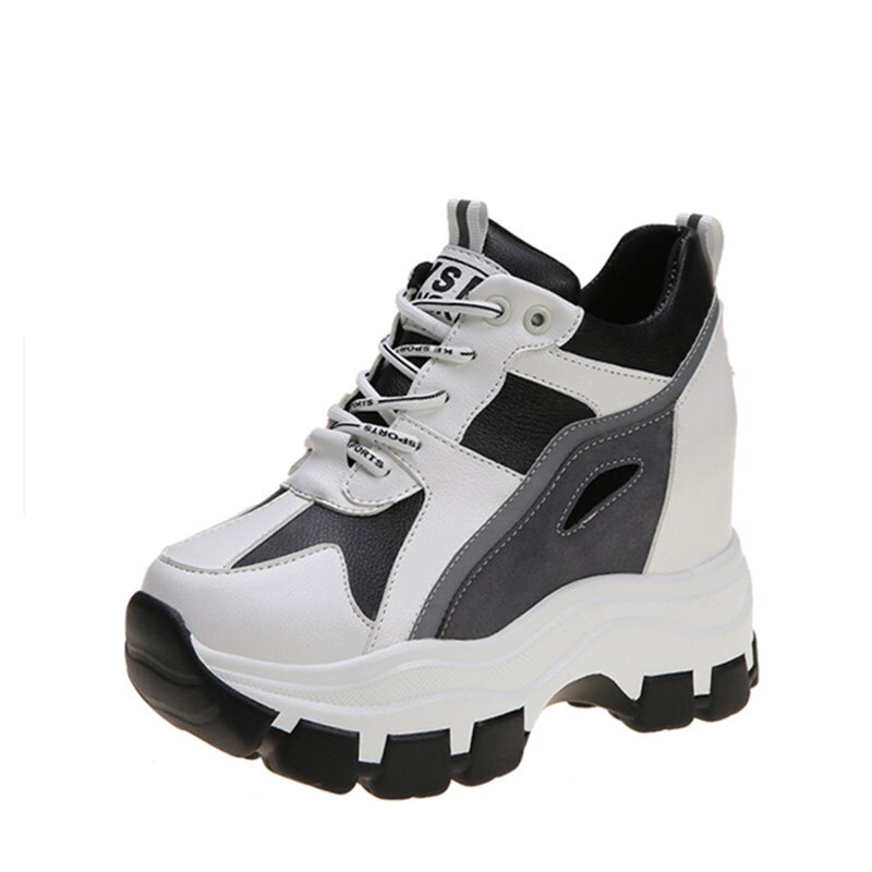 Våren skjult hæl dame joggesko høy plattform fritidssko blonder -up 8cm kvinner pustende kilesko zapatos mujer