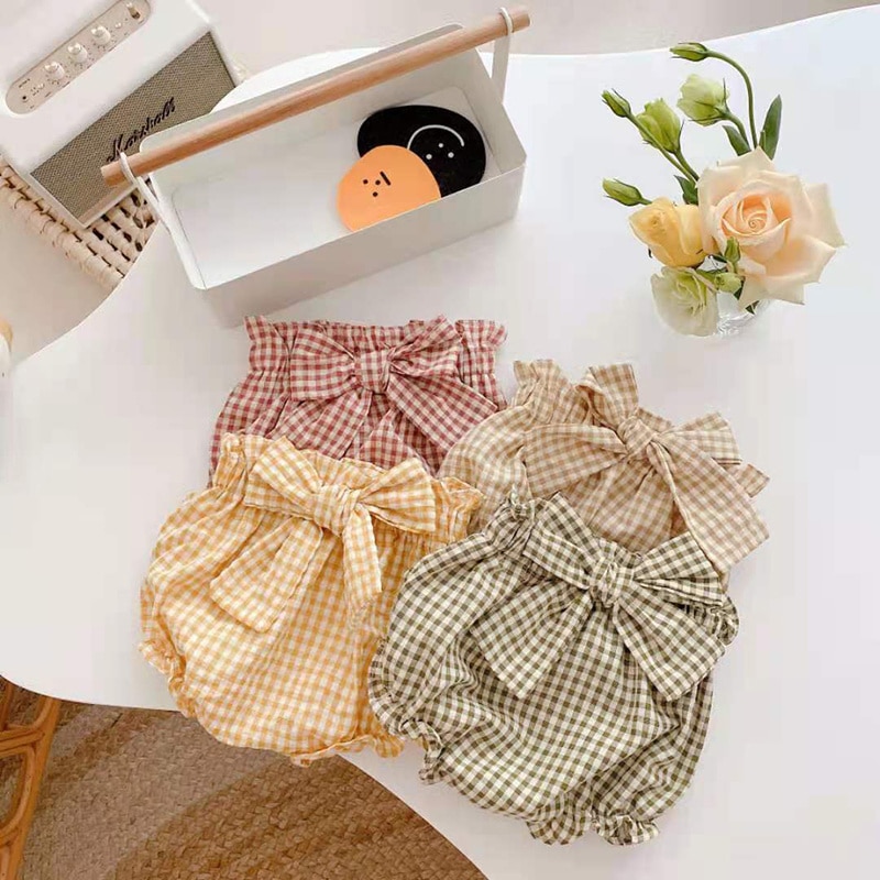 Cute Baby Girl Bloomers Summer Cotton Plaid Bow Shorts Toddler Kids Diaper Cover Clothes Panties Bombachos Bebe Pantalon