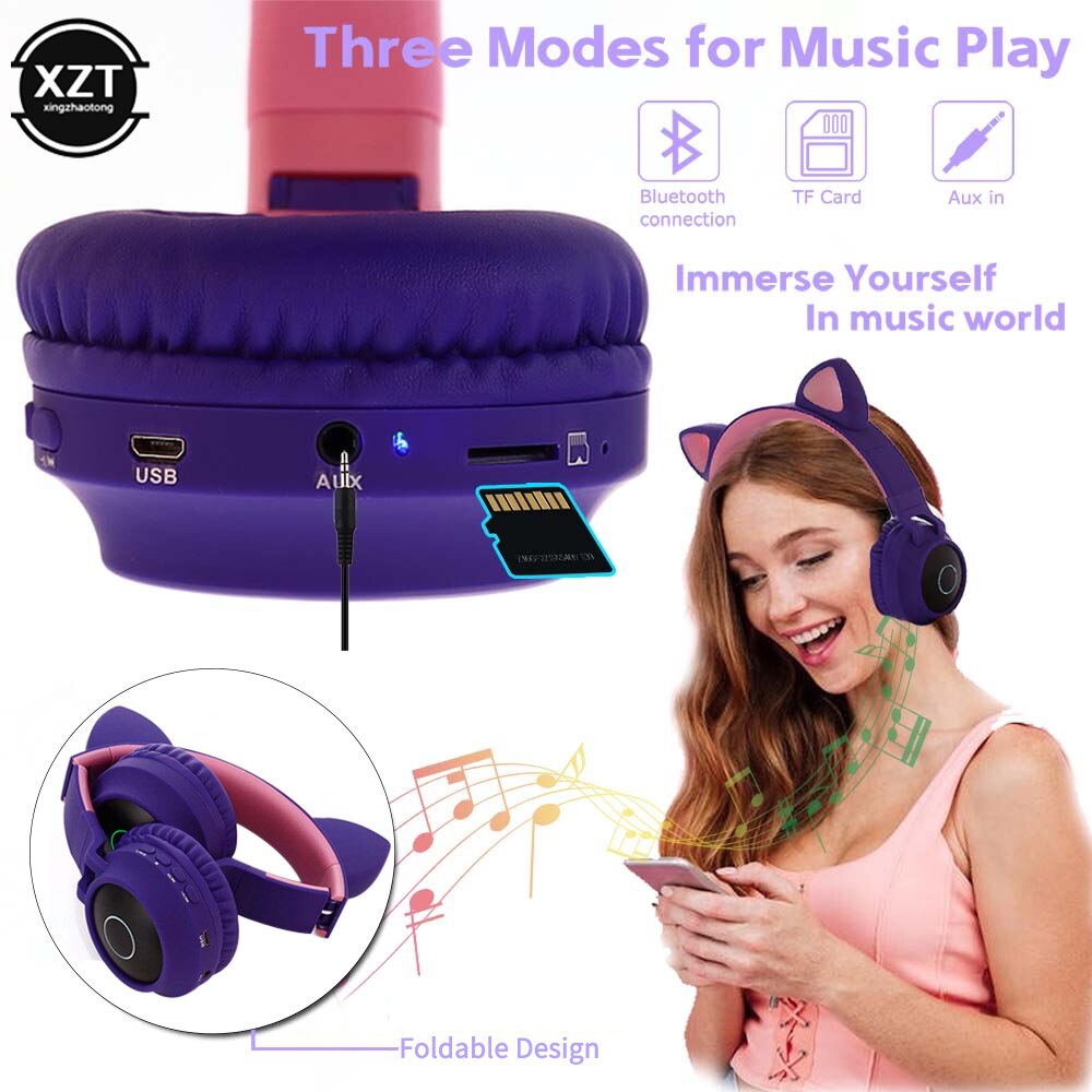 Auriculares estéreo con Bluetooth 5,0 y luz LED, bonito de gatos, auriculares Hifi inalámbricos para música, cascos estéreo con graves para teléfonos móviles y niñas, soporta tarjeta TF
