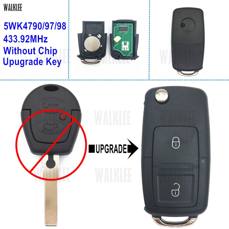 WALKLEE Upgrade Key for VW/VolksWagen Car Remote Sharan 5WK4 790/97/98 433.92 MHz without Immobilizer Chip