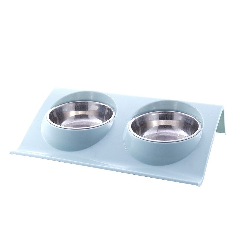 Double Bowls Pet dog cat Feeding Station Stainless Steel Water Food Bowls Feeder Solution for Dogs Cats supplies: Blue / L
