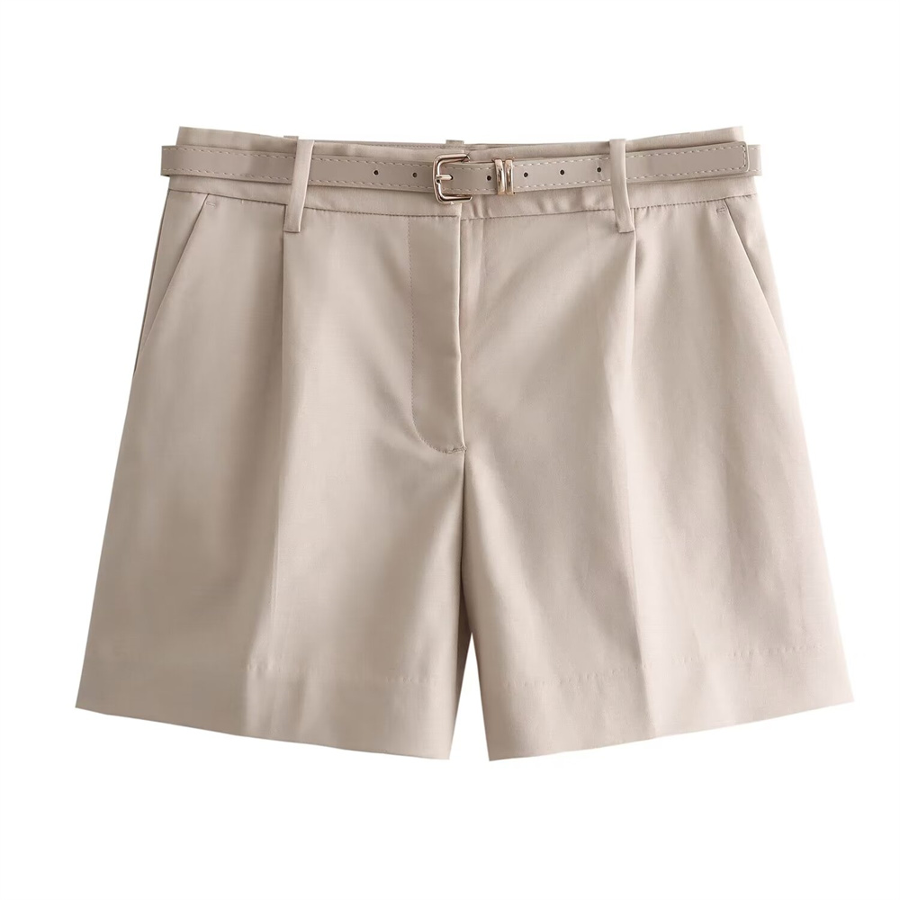 Zach Ailsa Summer Product Women's Versatile High Waist with Belt Casual Solid Color Shorts: M / Khaki