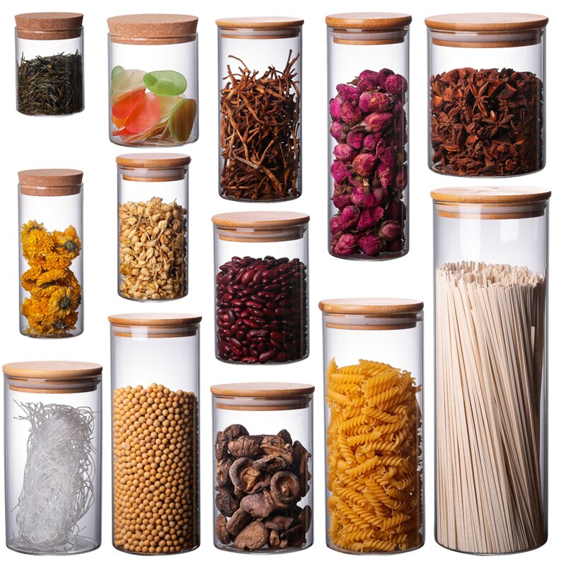 Cuisine alimentaire conteneur bambou couvert haute Borosilicate organisateur scellé verre bouteille réservoir divers grains boîtes de rangement