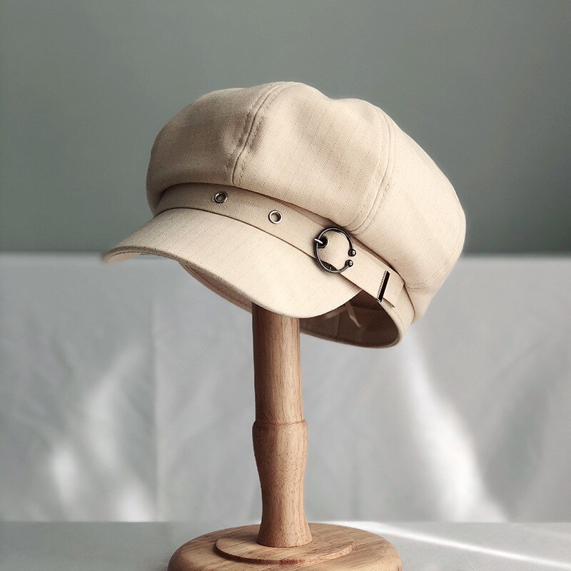 Hat Women Octagonal Cap Beret Striped Retro French Artist Hat Painter Octagonal Hats Black Brown Casual Caps: Beige