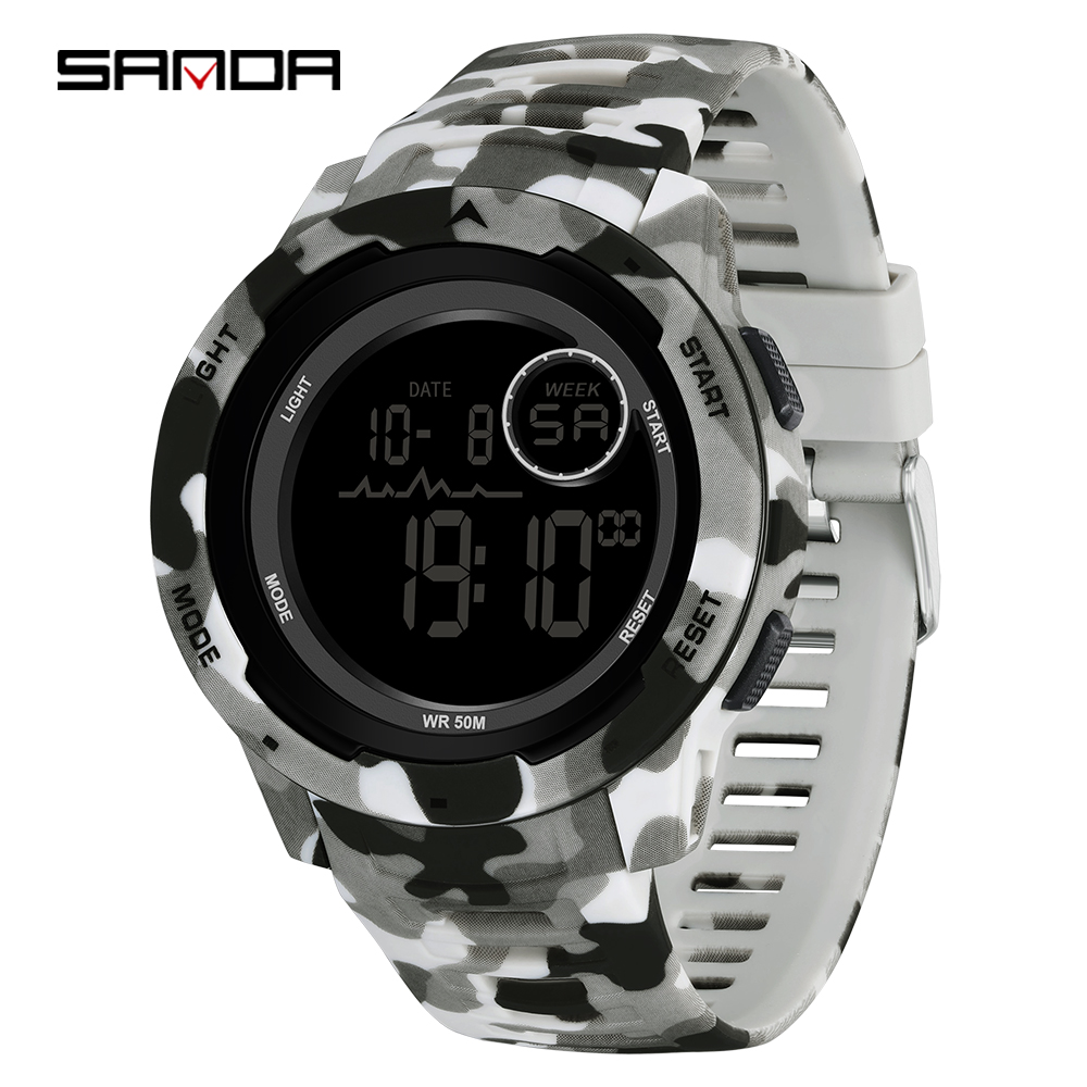 SANDA 2185 elektronische Uhr, beliebte Tarnung, Militärstil, Kühler Trend, Wecker, multifunktionale elektronische Herrenuhr: Kaffee