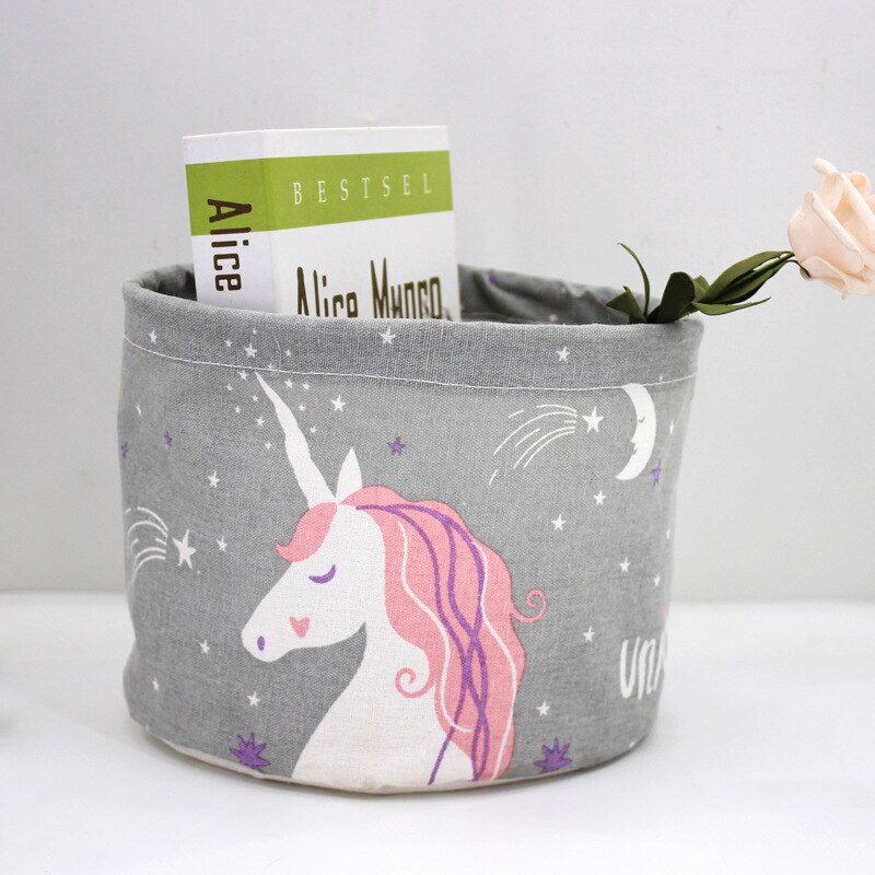 Toy cartoon small storage bucket dirty clothes debris storage basket foldable: Grey unicorn