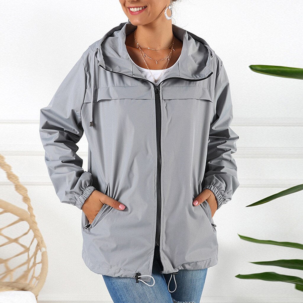 Jaquetas femininas chuva sólida ao ar livre impermeável com capuz capa de chuva à prova de vento jaqueta casacos casuais com zíper casacos casaco outwear