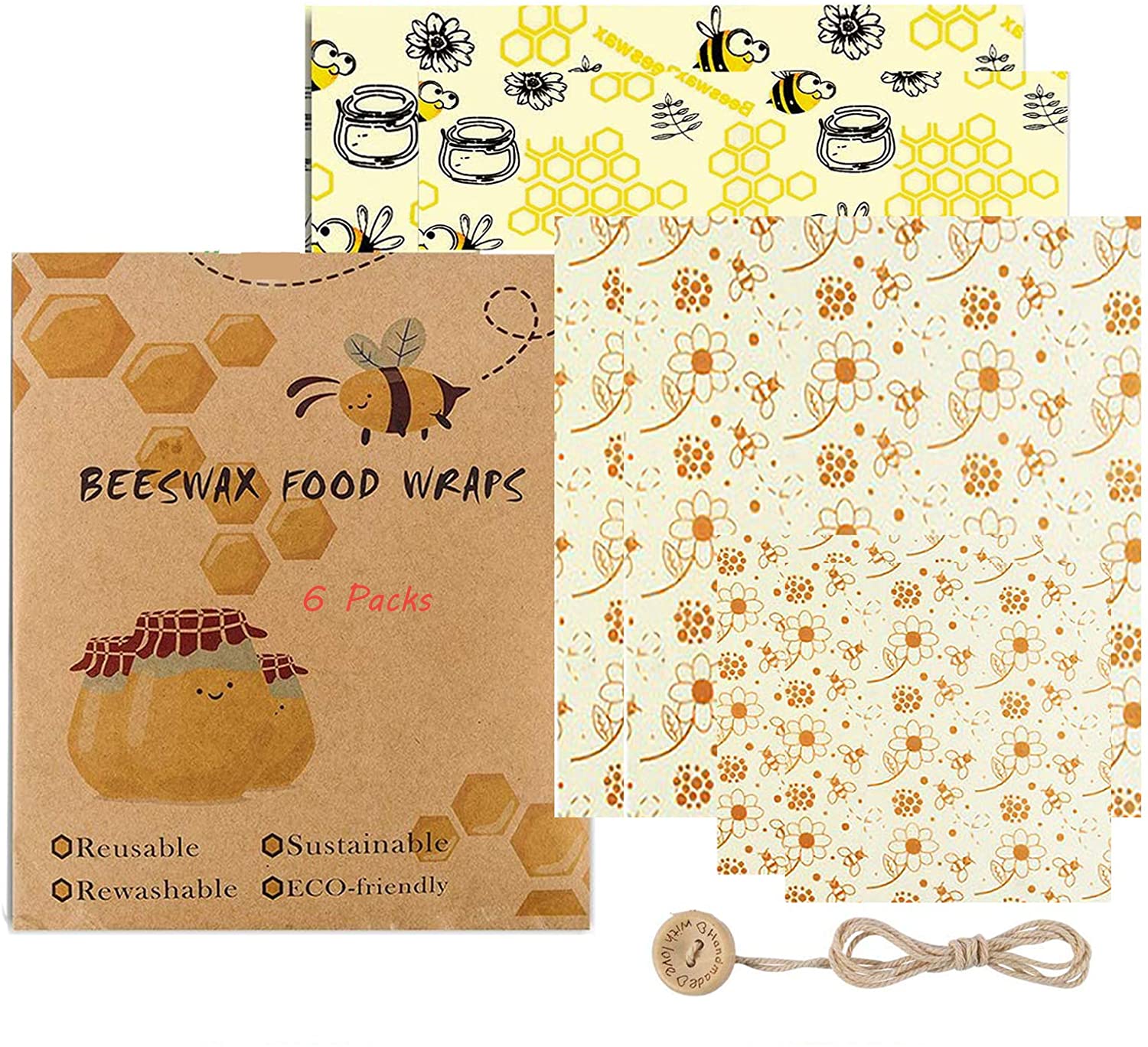 Anjielosmart Reusable Food Wraps Roll custom food wrapping Wrap Eco Friendly Sustainable beeswax wrap for Food Storage: 6pcs Bees Flower