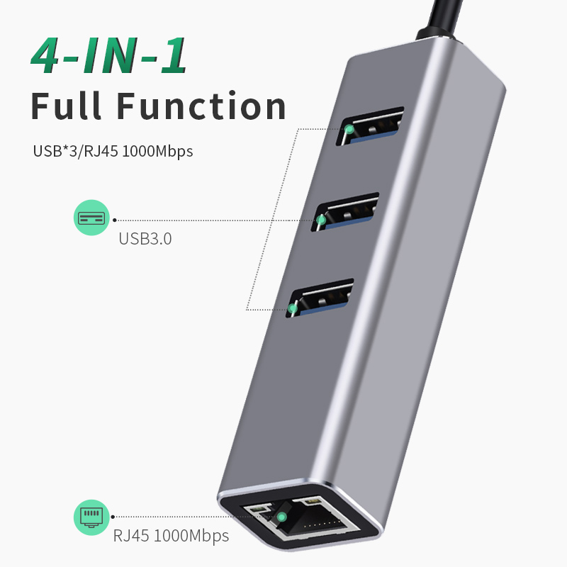 USB HUB 1000Mbps 3 Ports USB 3.0 Type C HUB USB to Rj45 Gigabit Ethernet Adapter RTL8153 for MacBook Laptop Computer