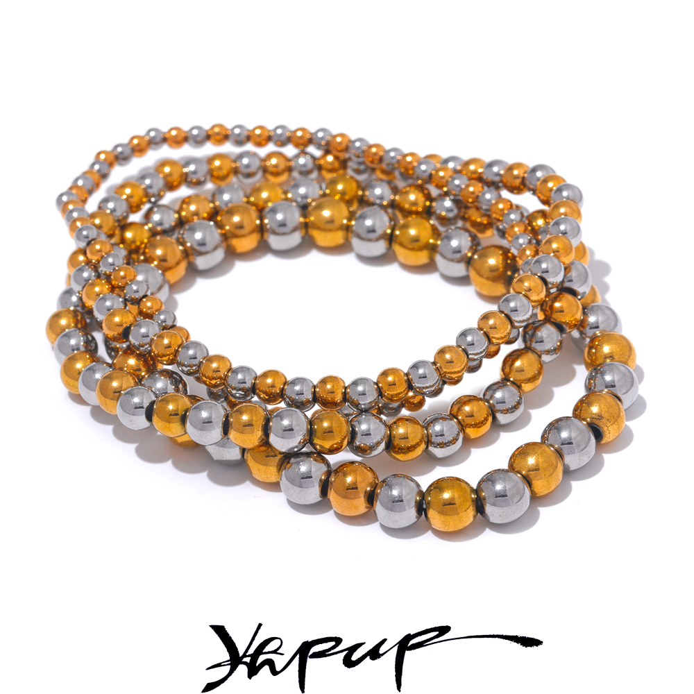 Yhpup 3/4/5/6 MM cuentas de acero inoxidable pulsera elástica hecha a mano diaria brazalete impermeable muñeca al por mayor joyería de Color dorado para hombres