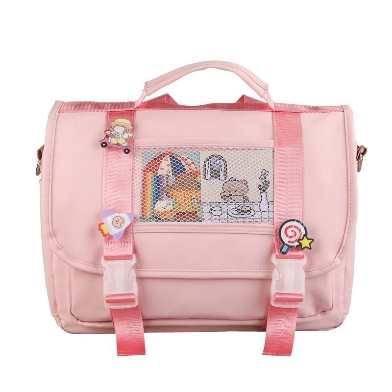 Kawaii Macaron Badge Rugzakken Tiener Meisjes Messenger Schooltassen Waterdichte Snoep Kleur Multifunctionele Horizontale Boekentassen: Roze