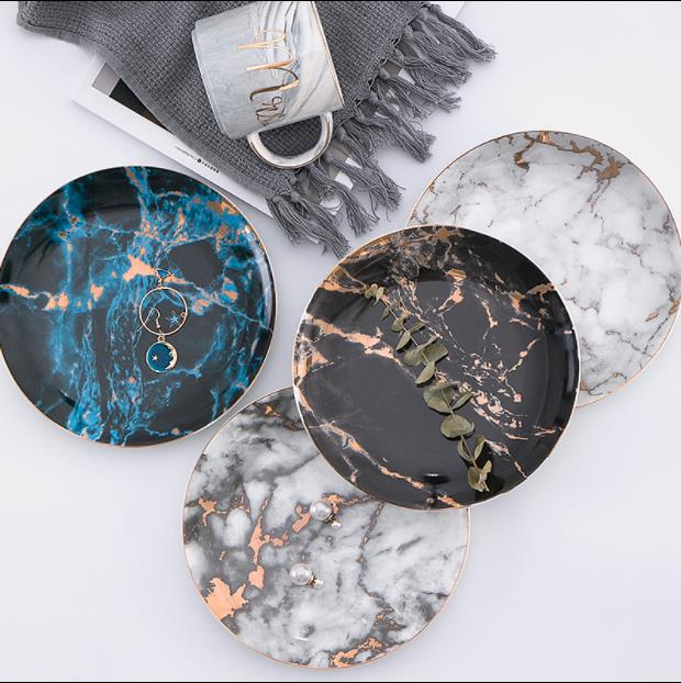 Europese Stijl Marmeren Platen Keramische Diner Set Gold Inlay Porselein Dessertbord Steak Salade Snack Taart Platen Servies