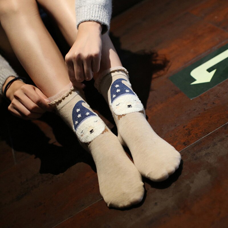 Kvinder søde 3d ører tegneserie dyr bomuldssokker til kvinde vandreture standard chasractter sokker sport: Khaki