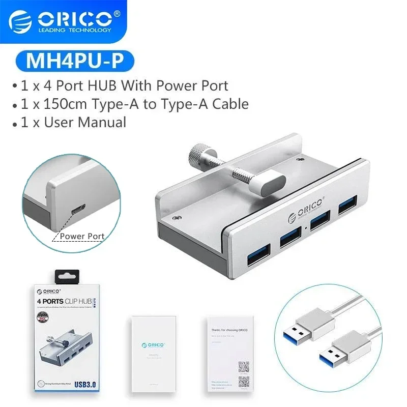 ORICO USB 3.0 Hub mit Netzteil USB3.0 Splitter Adapter Clip-Typ Multi Splitter Hochgeschwindigkeits-Datenübertragung für Laptop PC