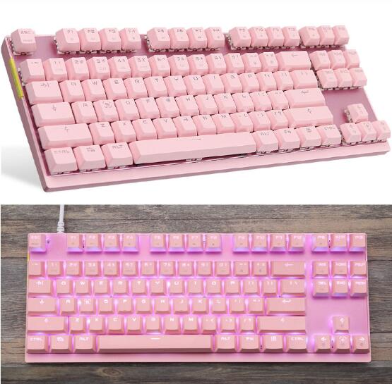 Mechanical Keyboard Backlit RGB LED Wired Computer Gaming Keyboard,Blue/Red Switches, 87 Keys N-Key Rollover (Black and Pink): PINK / Blue Switch