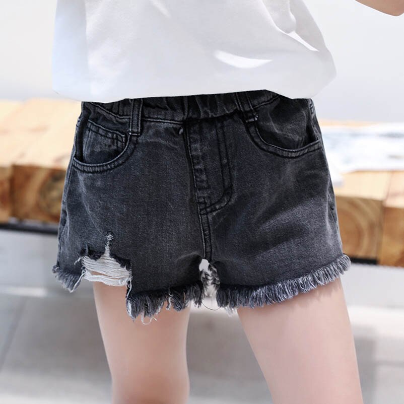 Flickor hål korta jeans barn casual lösa byxor barn sommar shorts för tjej svart tofs jeans fickshorts tjej 3-12y