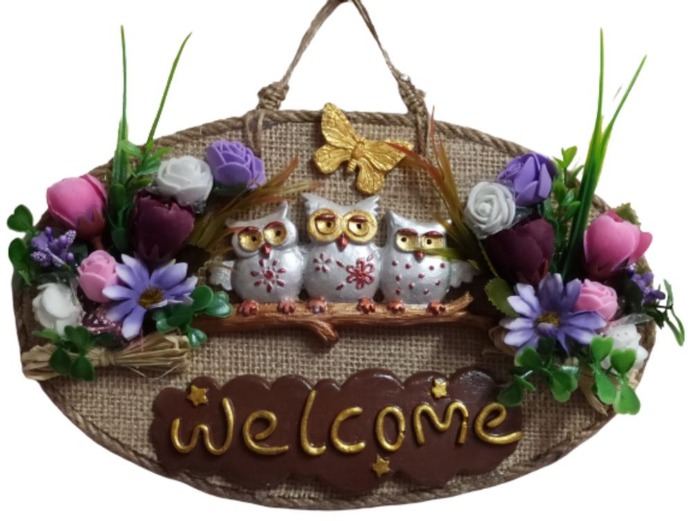 Uil Familie 'Welcome' Beletterd Deur Ornament